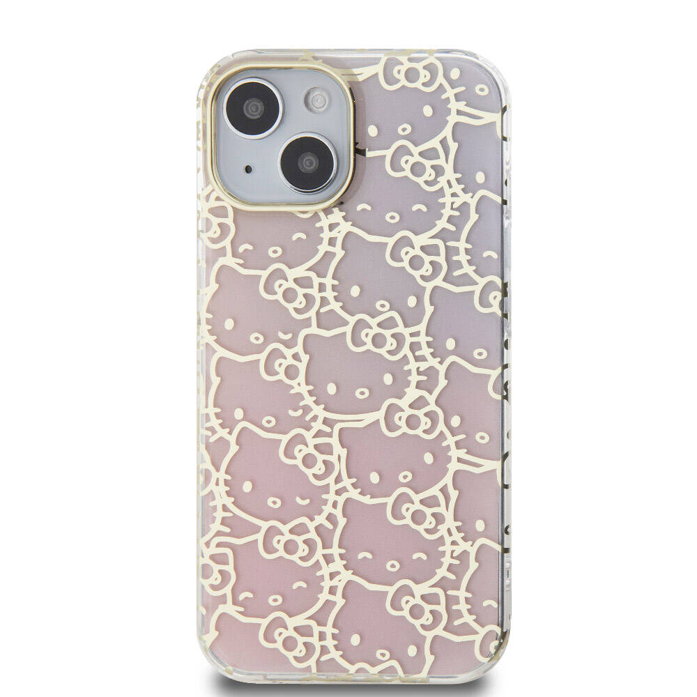 iPhone 15 Kılıf Hello Kitty Orjinal Lisanslı Renk Geçişli Elektroplating Kaplama Kitty Head Desenli Kılıf Pembe