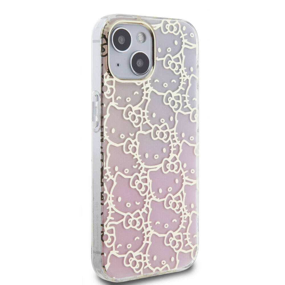 iPhone 15 Kılıf Hello Kitty Orjinal Lisanslı Renk Geçişli Elektroplating Kaplama Kitty Head Desenli Kılıf Pembe