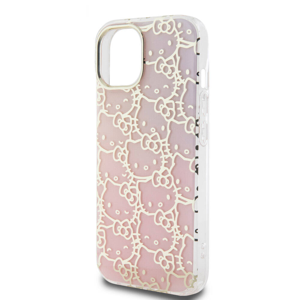 iPhone 15 Kılıf Hello Kitty Orjinal Lisanslı Renk Geçişli Elektroplating Kaplama Kitty Head Desenli Kılıf Pembe