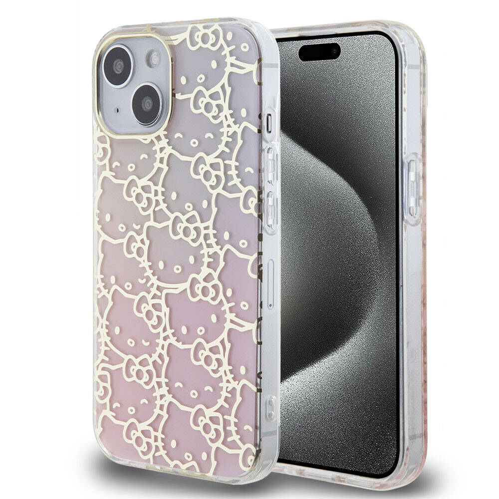 iPhone 15 Kılıf Hello Kitty Orjinal Lisanslı Renk Geçişli Elektroplating Kaplama Kitty Head Desenli Kılıf Pembe