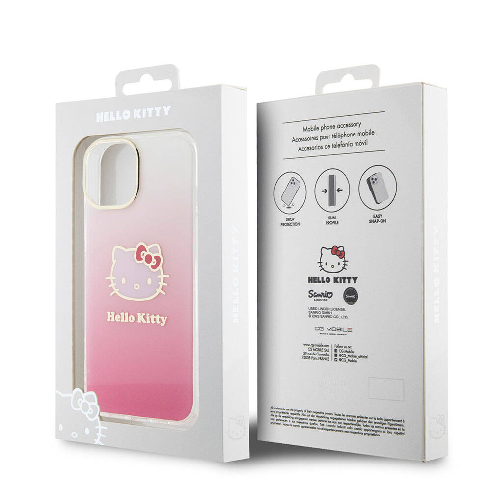 iPhone 15 Kılıf Hello Kitty Orjinal Lisanslı Yazı ve İkonik Logolu Elektroplating Kaplama Gradyan Kılıf Pembe