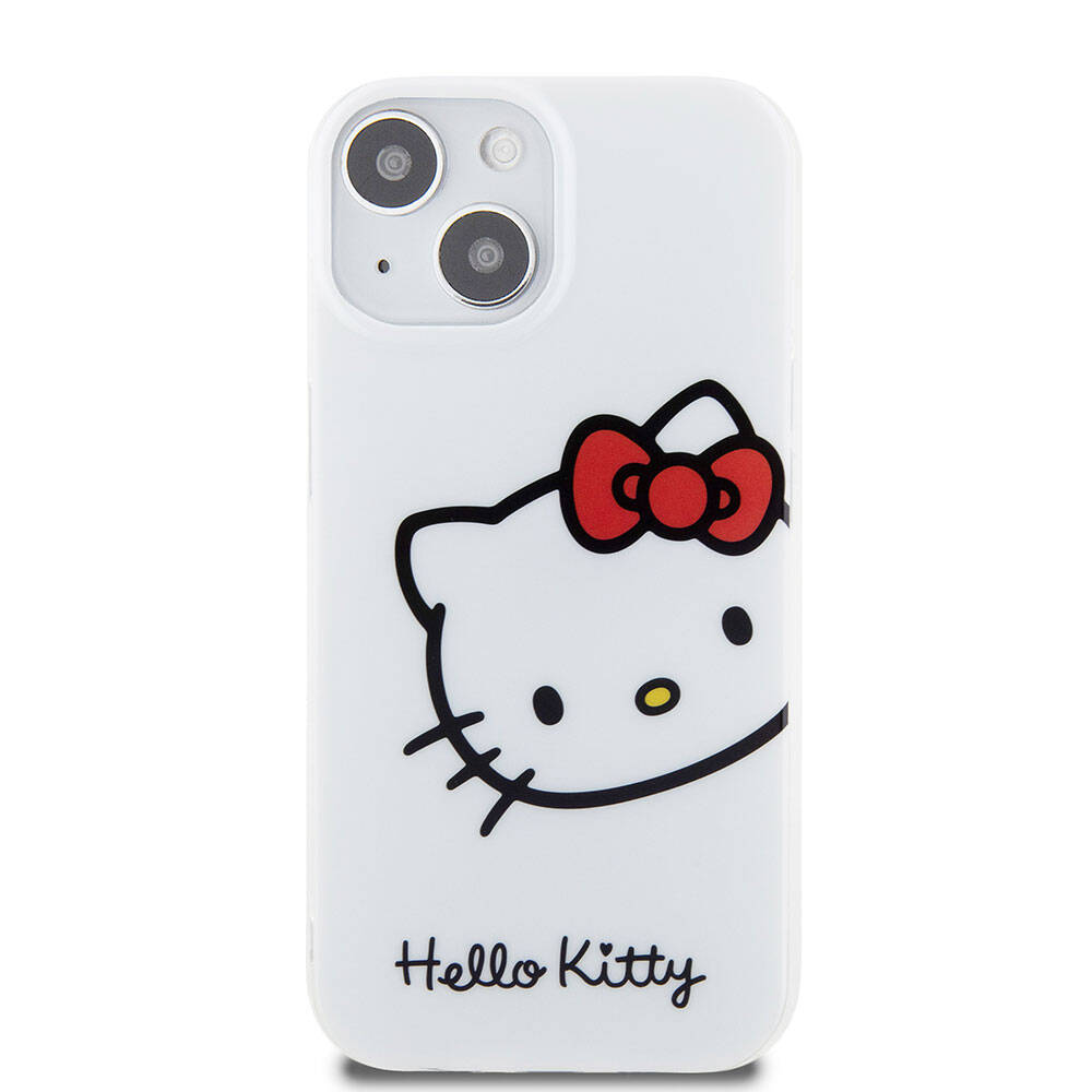 iPhone 15 Kılıf Hello Kitty Orjinal Lisanslı Yazı ve İkonik Logolu Kitty Head Kılıf Beyaz