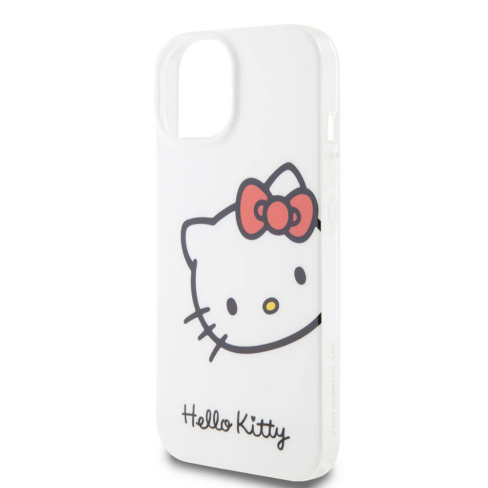 iPhone 15 Kılıf Hello Kitty Orjinal Lisanslı Yazı ve İkonik Logolu Kitty Head Kılıf Beyaz