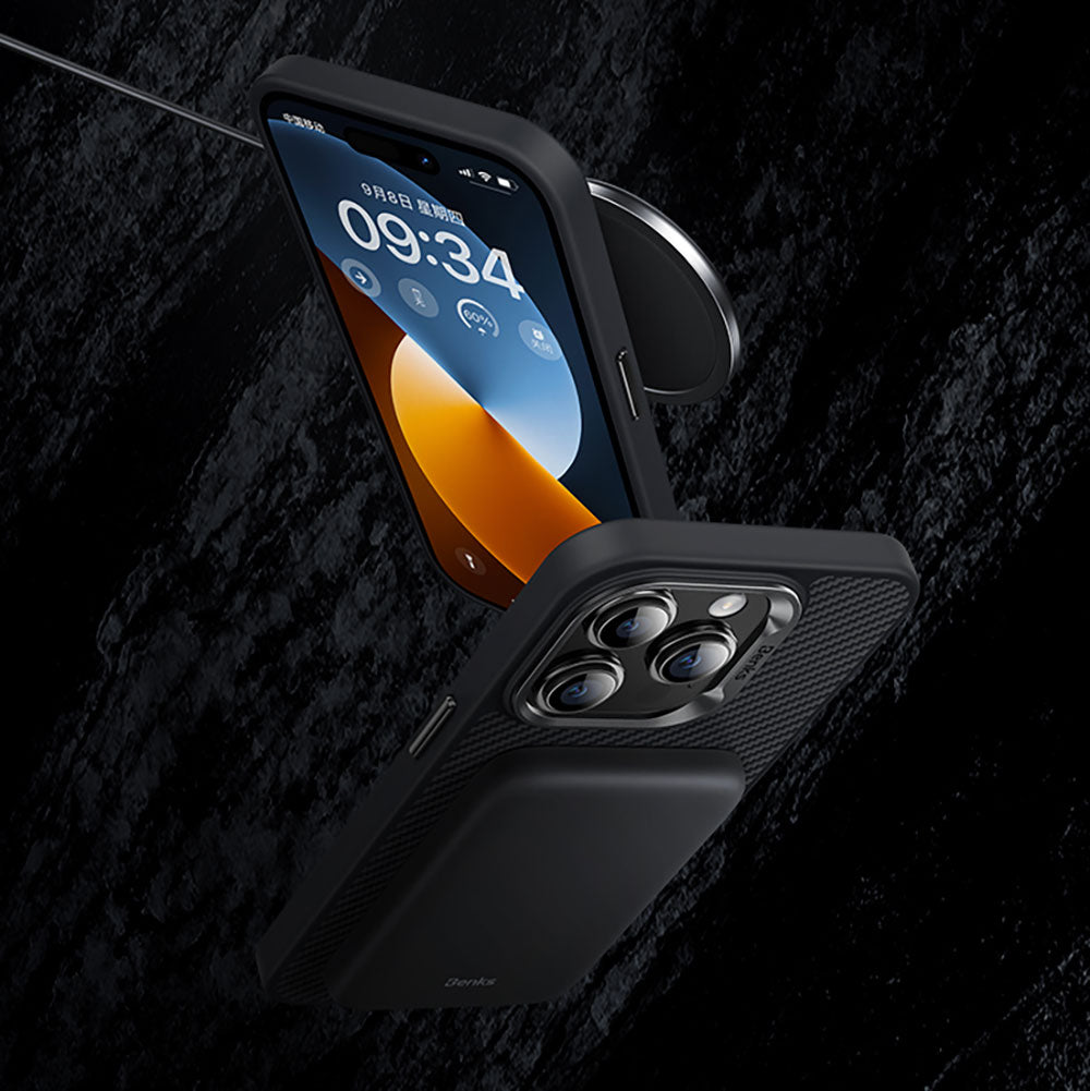 iPhone 15 Kılıf Karbon Fiber Magsafe Şarj Özellikli Benks Hybrid ArmorPro 600D Kevlar Kılıf Siyah