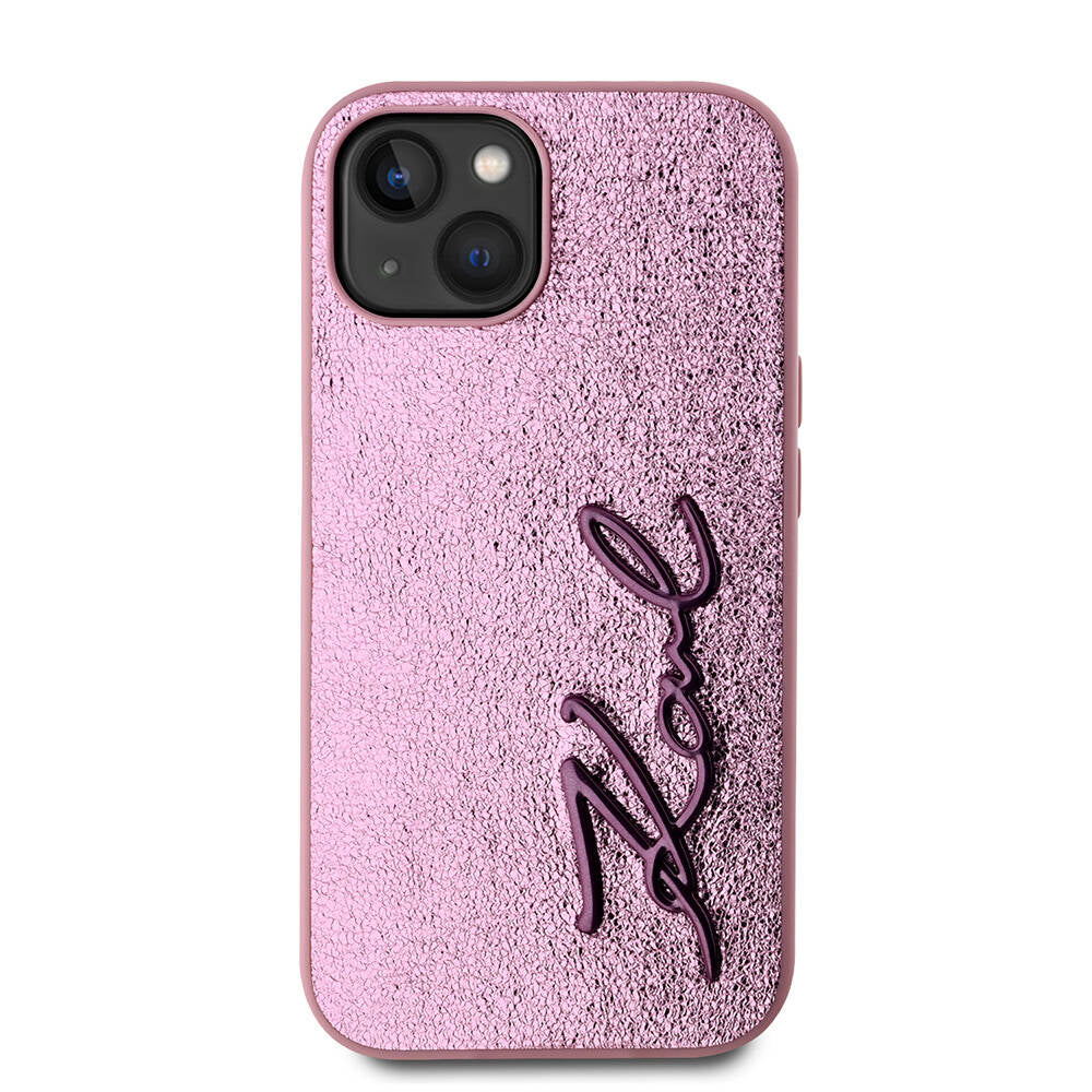 iPhone 15 Kılıf Karl Lagerfeld Orjinal Lisanslı 3D KL Yazılı Tüylü Arka Yüzey Saffiano Rhinestones Kılıf Pembe