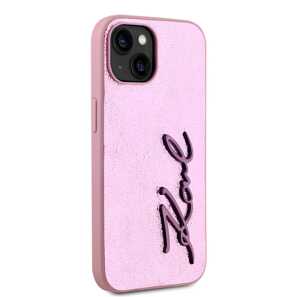 iPhone 15 Kılıf Karl Lagerfeld Orjinal Lisanslı 3D KL Yazılı Tüylü Arka Yüzey Saffiano Rhinestones Kılıf Pembe