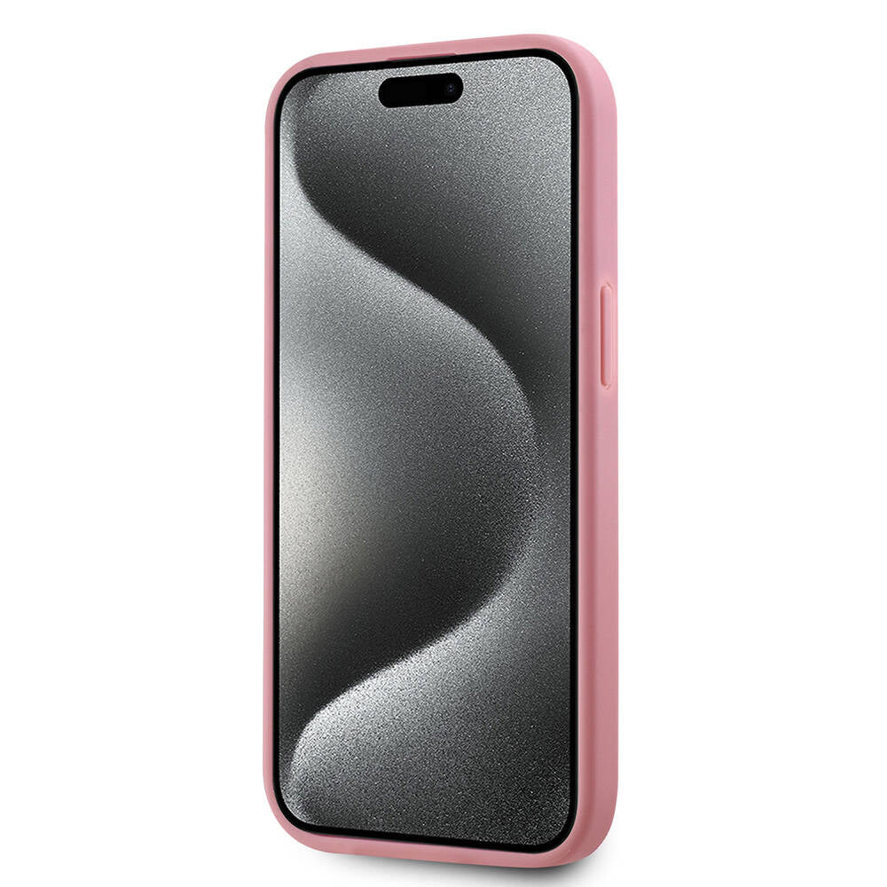 iPhone 15 Kılıf Karl Lagerfeld Orjinal Lisanslı 3D KL Yazılı Tüylü Arka Yüzey Saffiano Rhinestones Kılıf Pembe