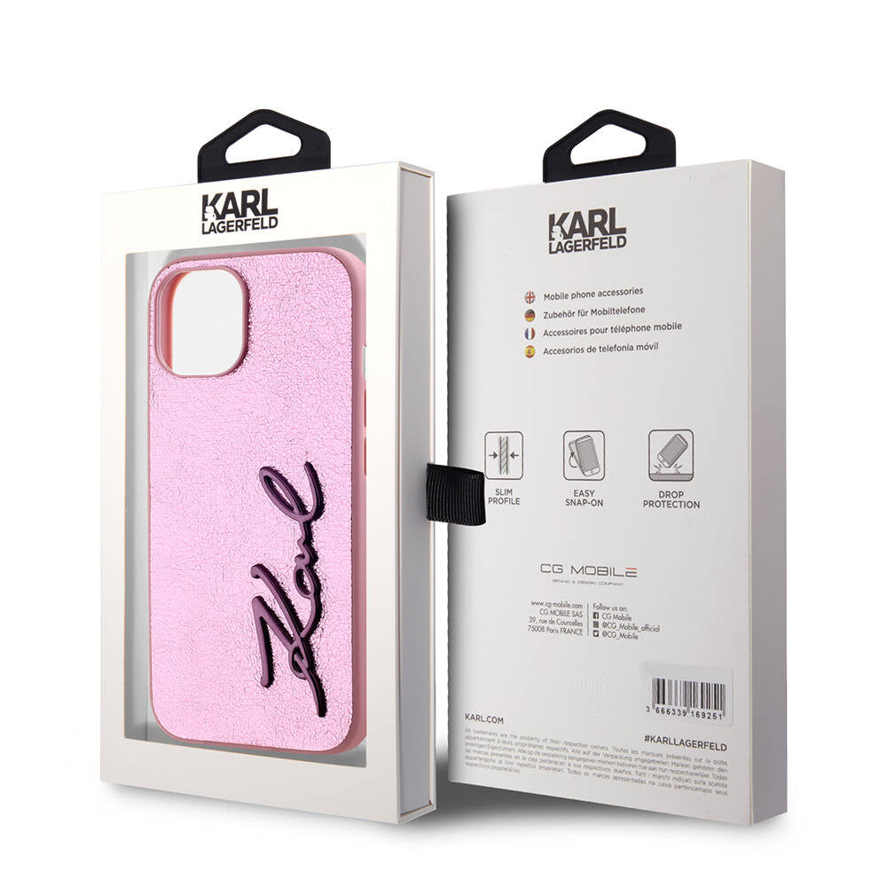 iPhone 15 Kılıf Karl Lagerfeld Orjinal Lisanslı 3D KL Yazılı Tüylü Arka Yüzey Saffiano Rhinestones Kılıf Pembe