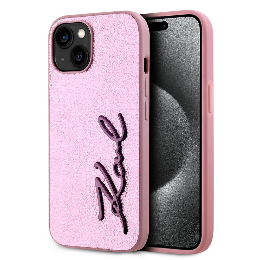iPhone 15 Kılıf Karl Lagerfeld Orjinal Lisanslı 3D KL Yazılı Tüylü Arka Yüzey Saffiano Rhinestones Kılıf Pembe