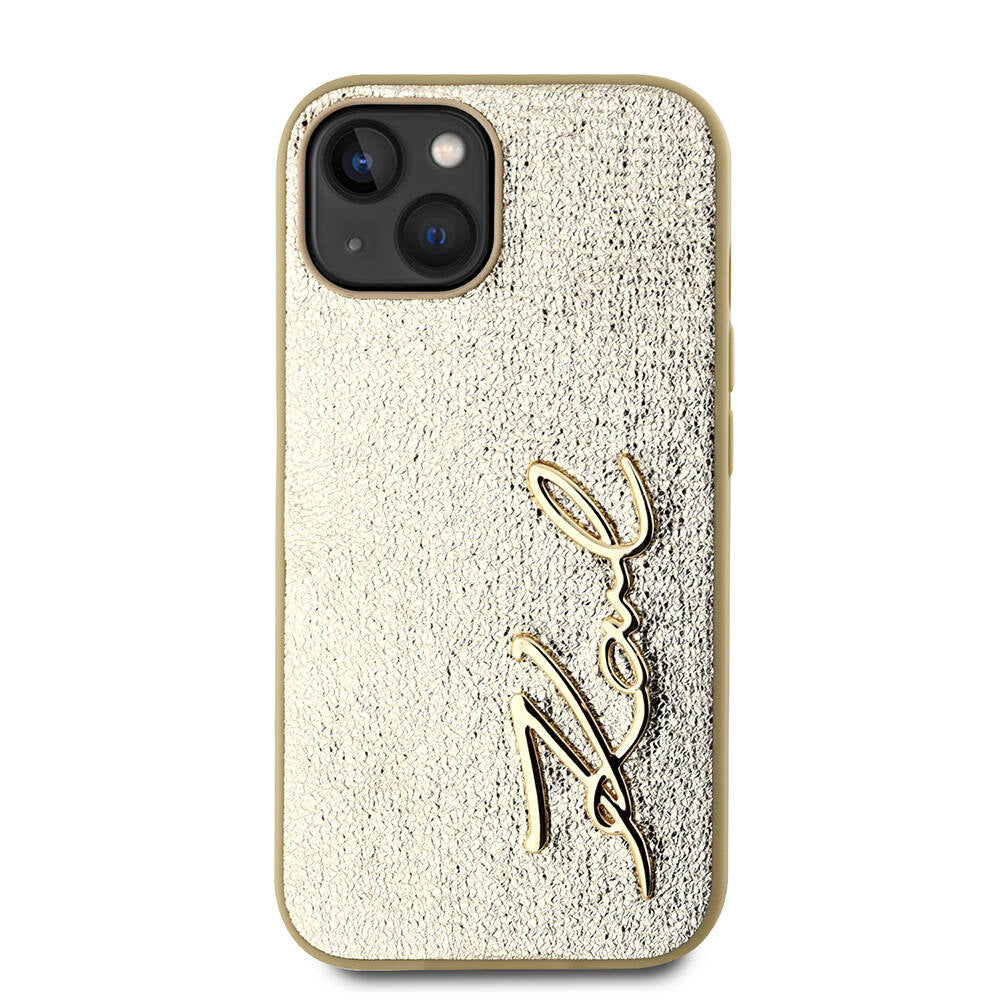iPhone 15 Kılıf Karl Lagerfeld Orjinal Lisanslı 3D KL Yazılı Tüylü Arka Yüzey Saffiano Rhinestones Kılıf Pembe