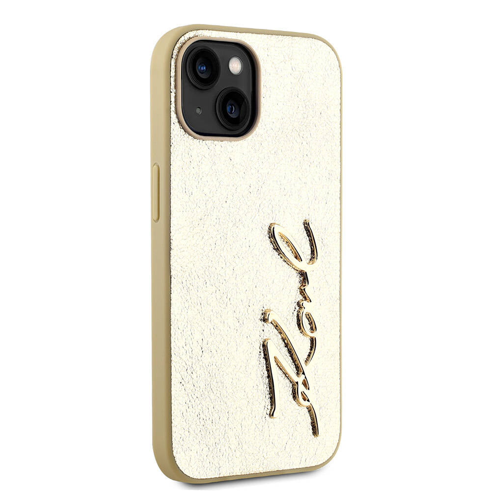 iPhone 15 Kılıf Karl Lagerfeld Orjinal Lisanslı 3D KL Yazılı Tüylü Arka Yüzey Saffiano Rhinestones Kılıf Pembe