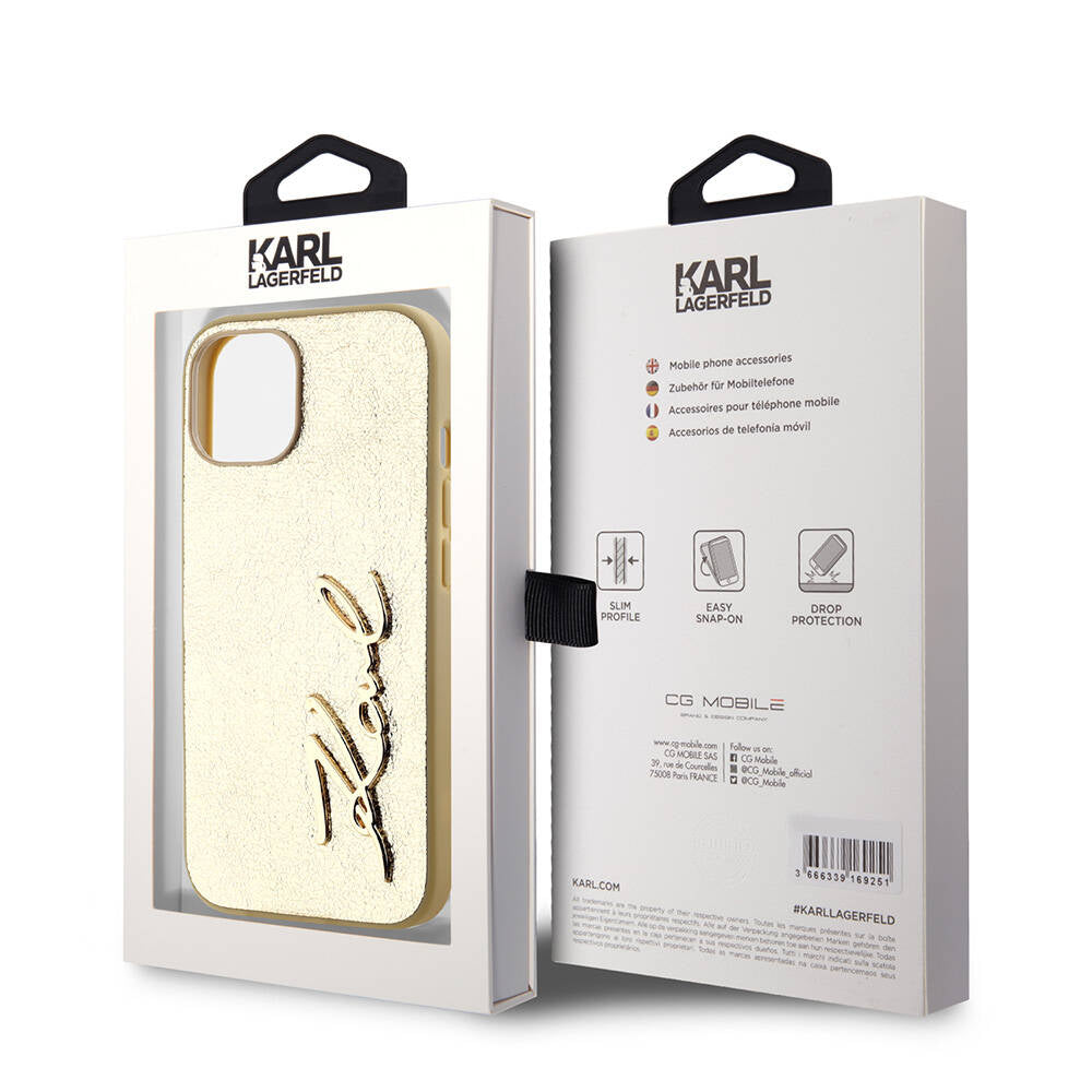 iPhone 15 Kılıf Karl Lagerfeld Orjinal Lisanslı 3D KL Yazılı Tüylü Arka Yüzey Saffiano Rhinestones Kılıf Pembe