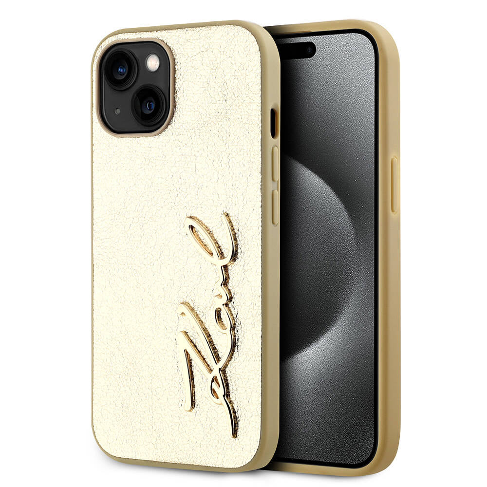 iPhone 15 Kılıf Karl Lagerfeld Orjinal Lisanslı 3D KL Yazılı Tüylü Arka Yüzey Saffiano Rhinestones Kılıf Gold