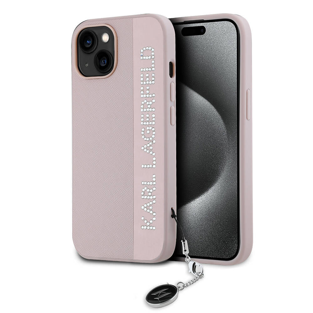 iPhone Kılıf Karl Lagerfeld Orjinal Lisanslı Anahtarlıklı Taşlı KL Yazılı Saffiano Rhinestones Kapak - enzaksesuar