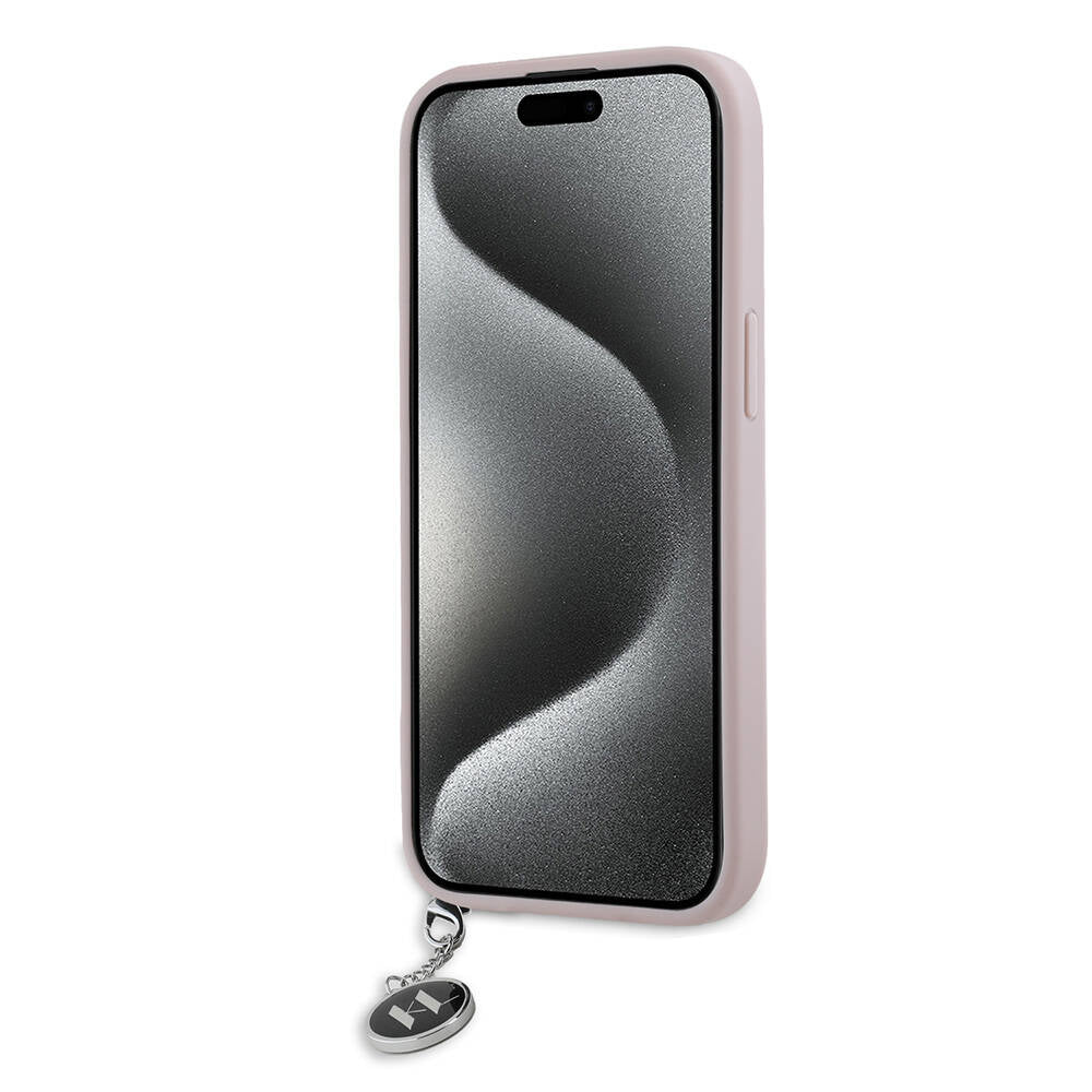 iPhone 15 Kılıf Karl Lagerfeld Orjinal Lisanslı Anahtarlıklı Taşlı KL Yazılı Saffiano Rhinestones Kılıf Siyah
