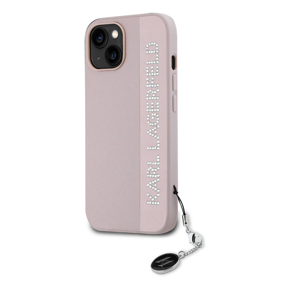 iPhone 15 Kılıf Karl Lagerfeld Orjinal Lisanslı Anahtarlıklı Taşlı KL Yazılı Saffiano Rhinestones Kılıf Siyah