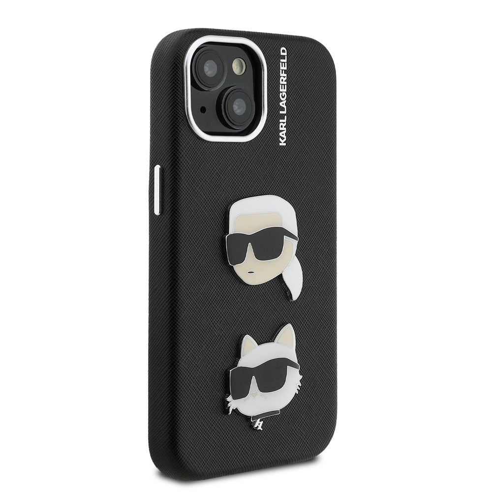 Apple iPhone 15 Kılıf Karl Lagerfeld Orjinal Lisanslı K&C Heads Pin Kapak Siyah