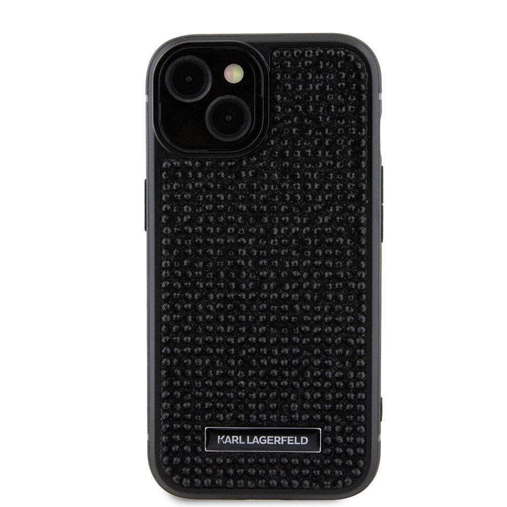 iPhone 15 Kılıf Karl Lagerfeld Taşlı Metal Logo Orjinal Lisanslı Kılıf Siyah