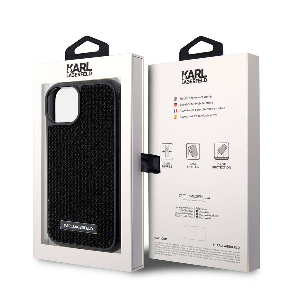 iPhone 15 Kılıf Karl Lagerfeld Taşlı Metal Logo Orjinal Lisanslı Kılıf Gümüş