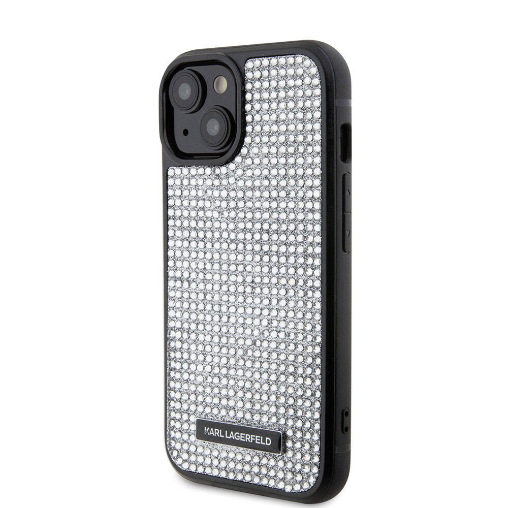 iPhone 15 Kılıf Karl Lagerfeld Taşlı Metal Logo Orjinal Lisanslı Kılıf Siyah