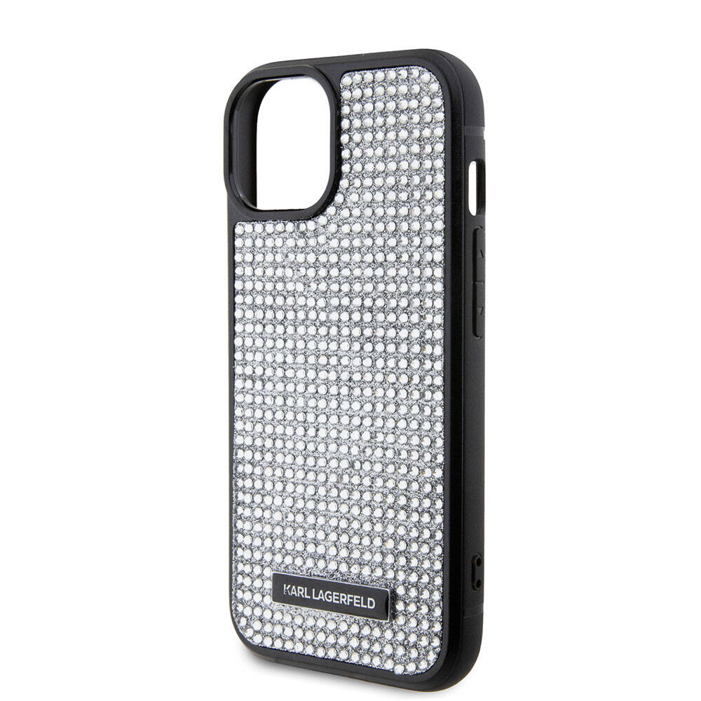 iPhone 15 Kılıf Karl Lagerfeld Taşlı Metal Logo Orjinal Lisanslı Kılıf Siyah