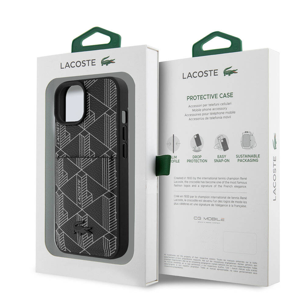 iPhone 15 Kılıf Lacoste Orjinal Lisanslı Magsafe Şarj Özellikli PU Deri Görünümlü Kartlıklı Karışık Monogram Desenli Kılıf Lacivert