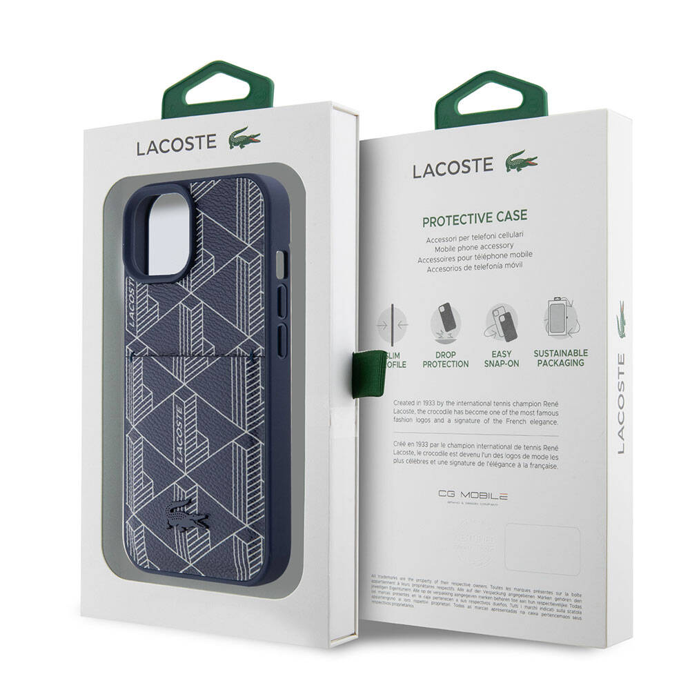 iPhone 15 Kılıf Lacoste Orjinal Lisanslı Magsafe Şarj Özellikli PU Deri Görünümlü Kartlıklı Karışık Monogram Desenli Kılıf Siyah