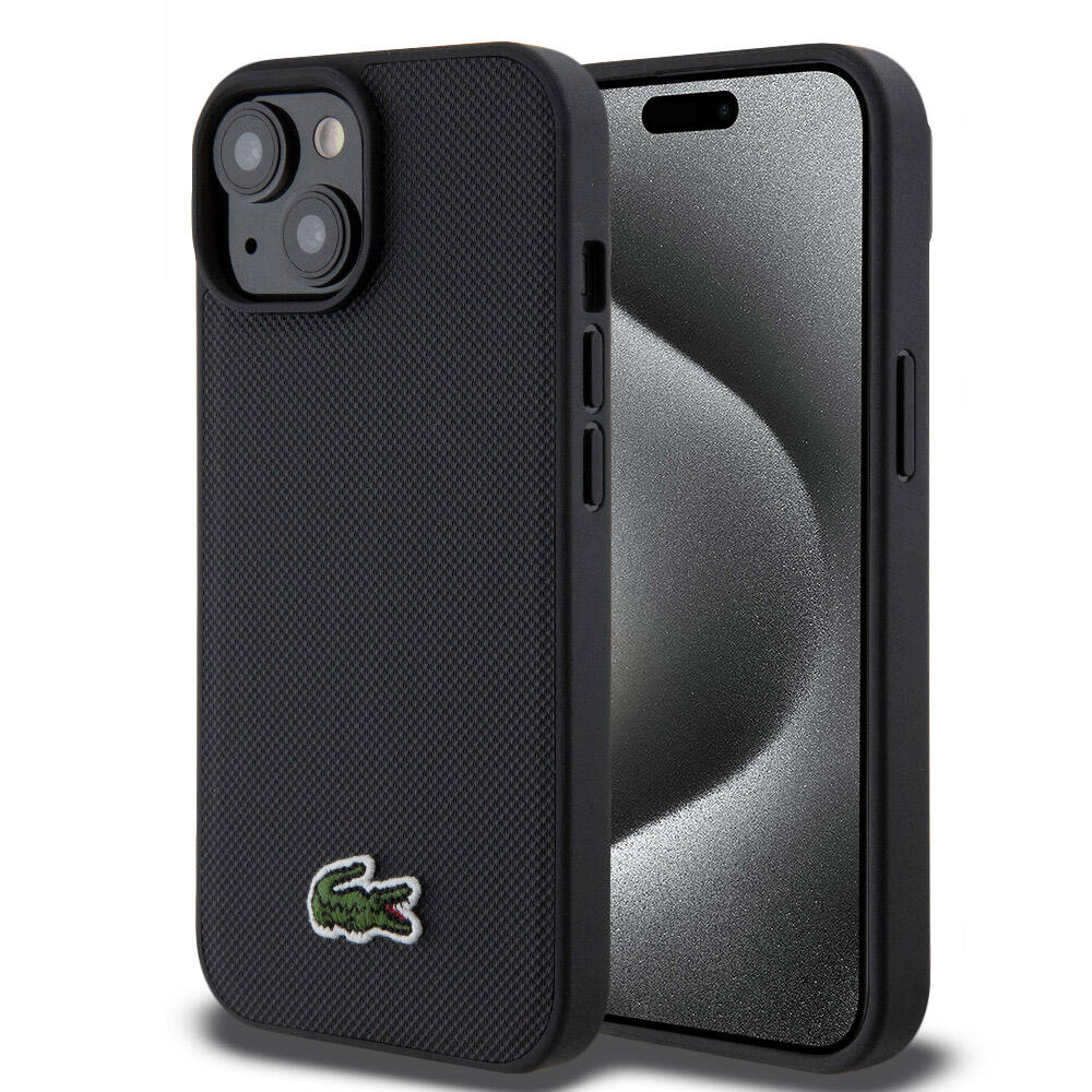 iPhone 15 Kılıf Lacoste Orjinal Lisanslı PU Pike Desenli Arka Yüzey İkonik Timsah Dokuma Logolu Kılıf Siyah