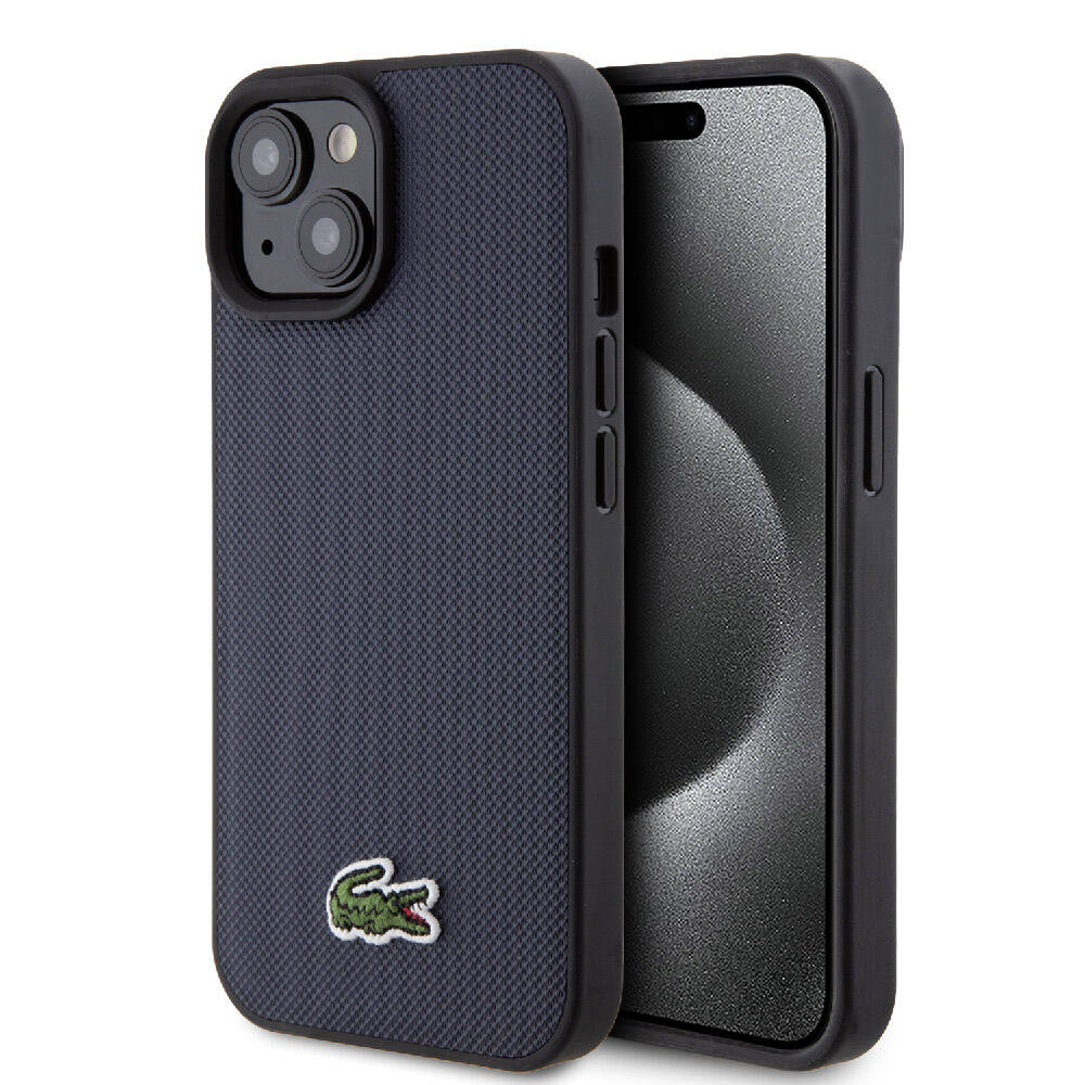 iPhone 15 Kılıf Lacoste Orjinal Lisanslı PU Pike Desenli Arka Yüzey İkonik Timsah Dokuma Logolu Kılıf Lacivert