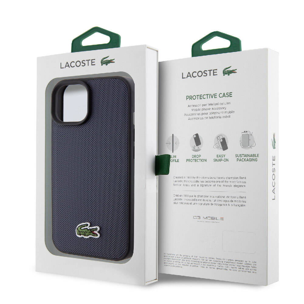 iPhone 15 Kılıf Lacoste Orjinal Lisanslı PU Pike Desenli Arka Yüzey İkonik Timsah Dokuma Logolu Kılıf Lacivert