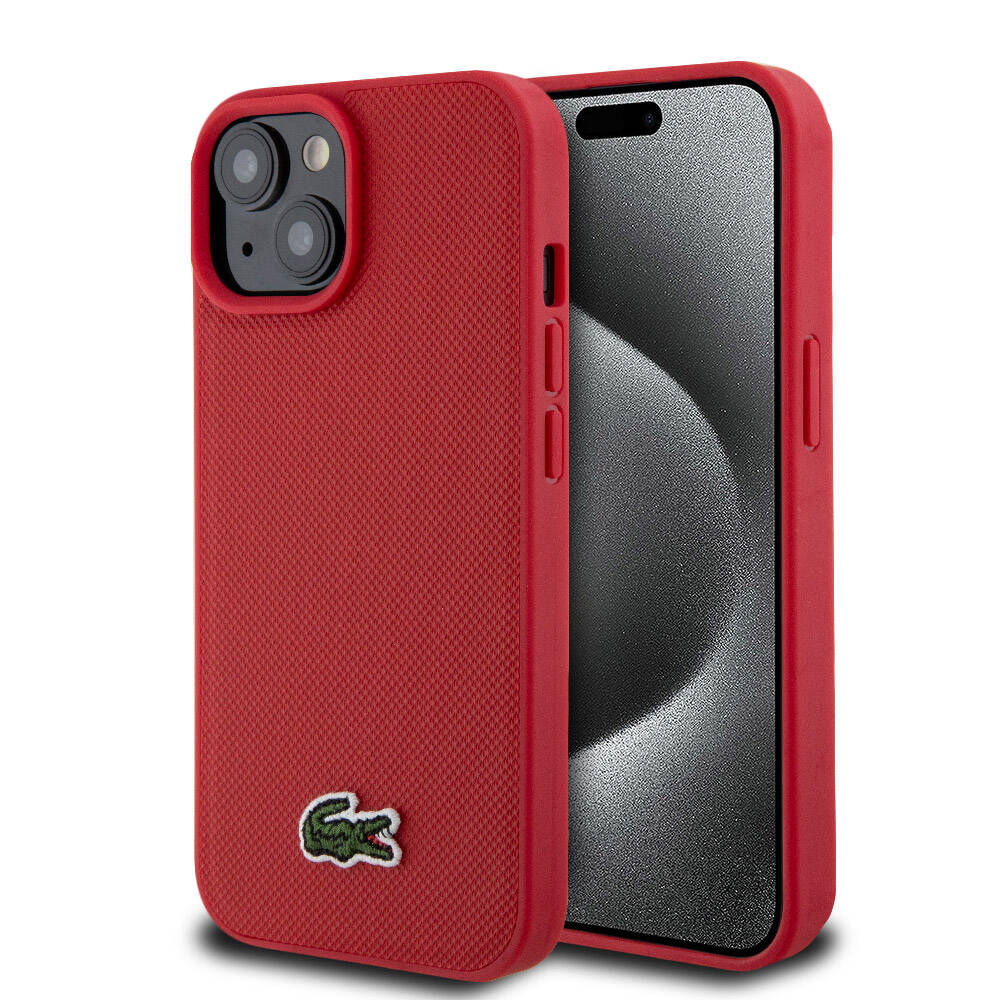 iPhone 15 Kılıf Lacoste Orjinal Lisanslı PU Pike Desenli Arka Yüzey İkonik Timsah Dokuma Logolu Kılıf Kırmızı