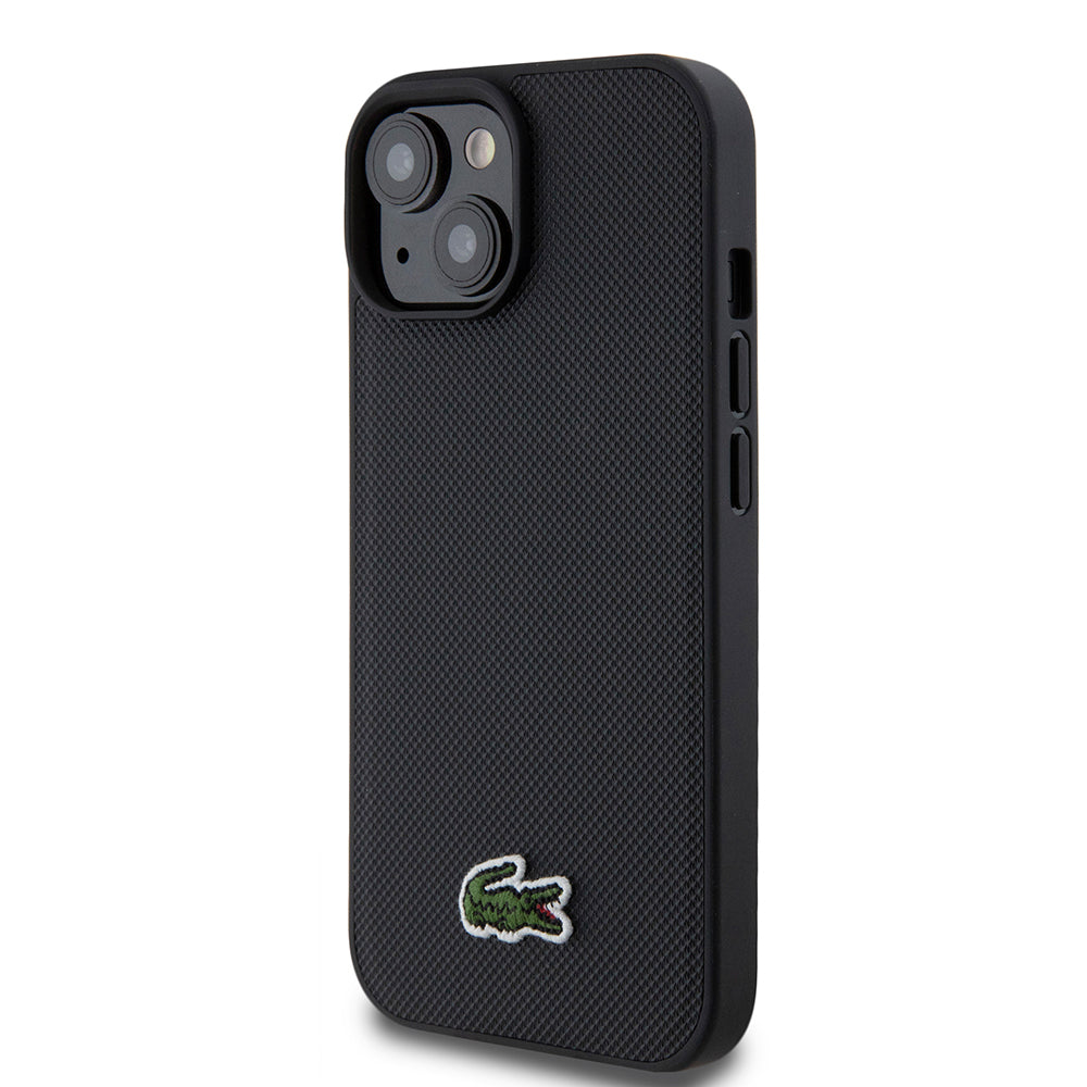 Apple iPhone 15 Kılıf Lacoste Orjinal Lisanslı PU Pike Desenli Arka Yüzey İkonik Timsah Dokuma Logolu Kapak + Type-C Kablo 1.5m Siyah