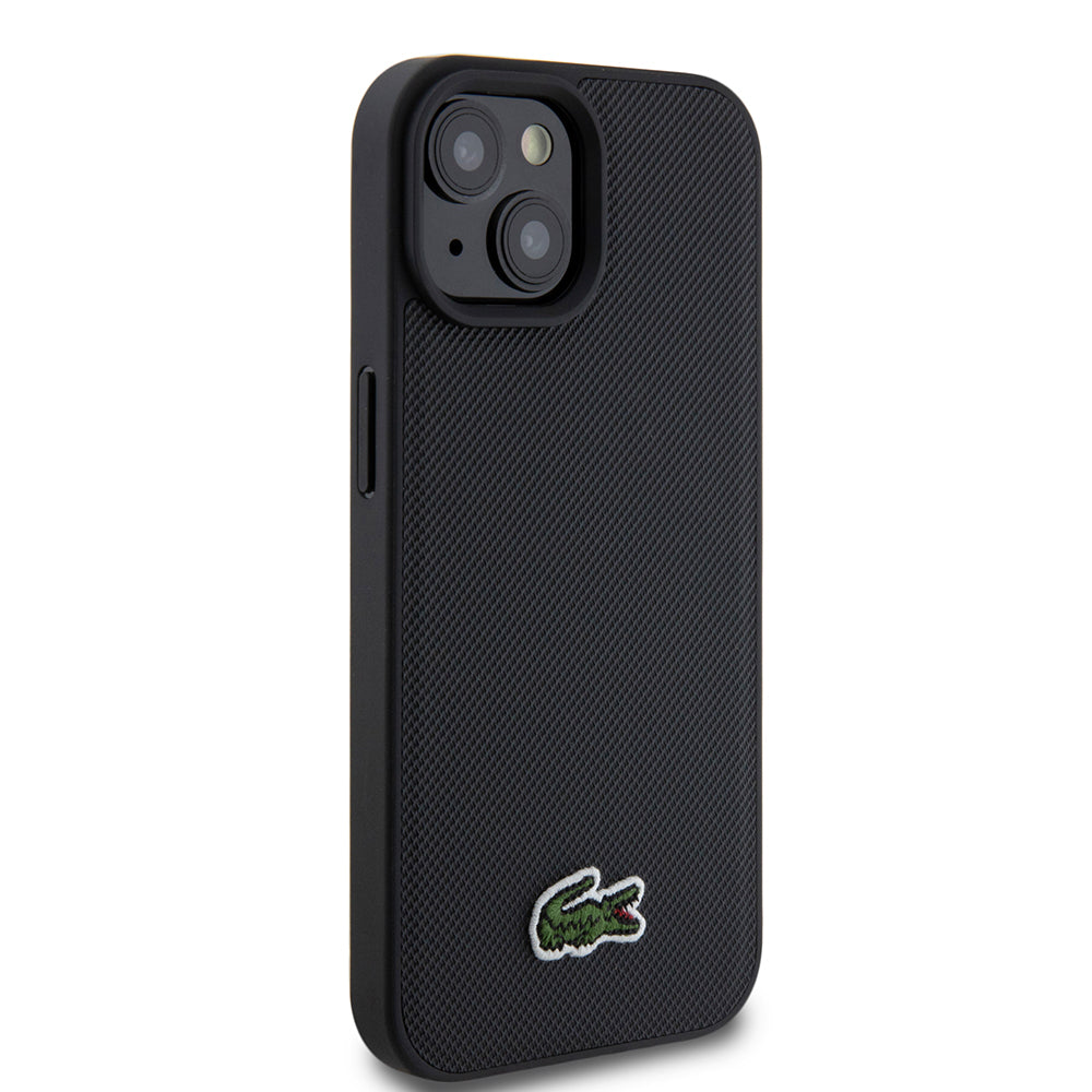 Apple iPhone 15 Kılıf Lacoste Orjinal Lisanslı PU Pike Desenli Arka Yüzey İkonik Timsah Dokuma Logolu Kapak + Type-C Kablo 1.5m Siyah