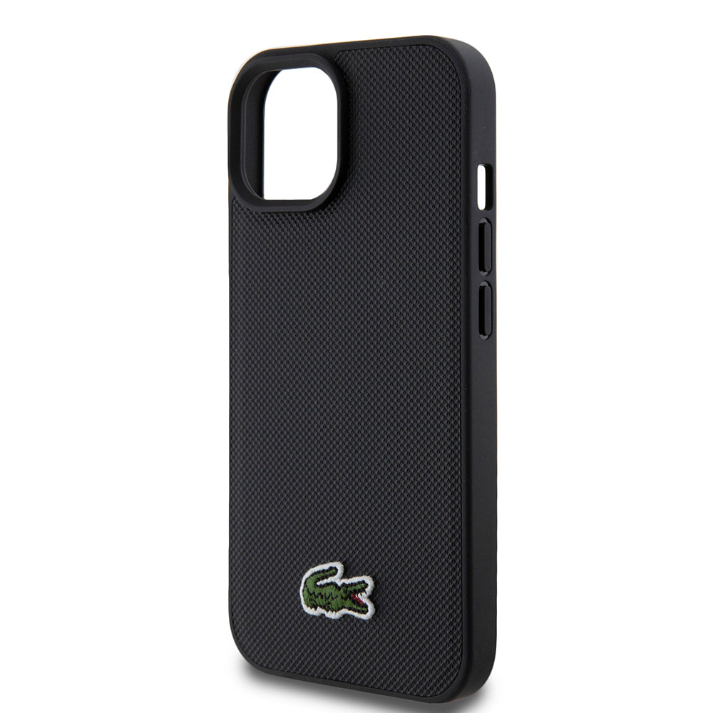 Apple iPhone 15 Kılıf Lacoste Orjinal Lisanslı PU Pike Desenli Arka Yüzey İkonik Timsah Dokuma Logolu Kapak + Type-C Kablo 1.5m Siyah