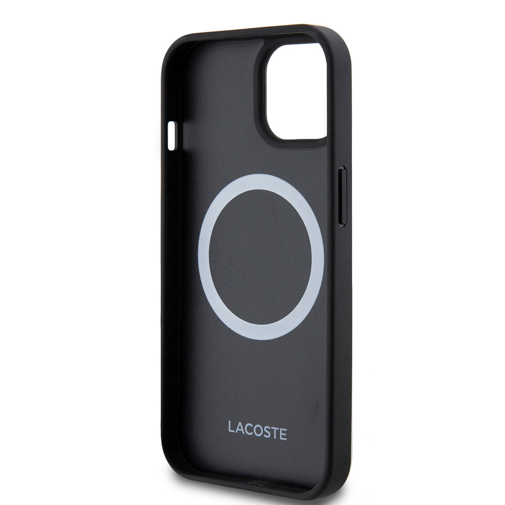 Apple iPhone 15 Kılıf Lacoste Orjinal Lisanslı PU Pike Desenli Arka Yüzey İkonik Timsah Dokuma Logolu Kapak + Type-C Kablo 1.5m Siyah