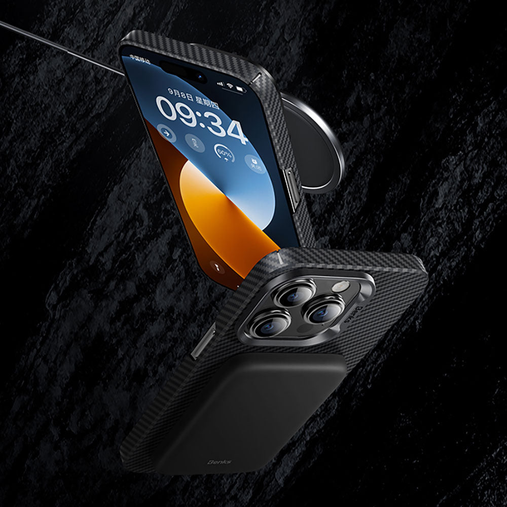 iPhone 15 Kılıf Magsafe Özellikli Karbon Fiber Benks Essential ArmorAir 600D Kevlar Kılıf Siyah