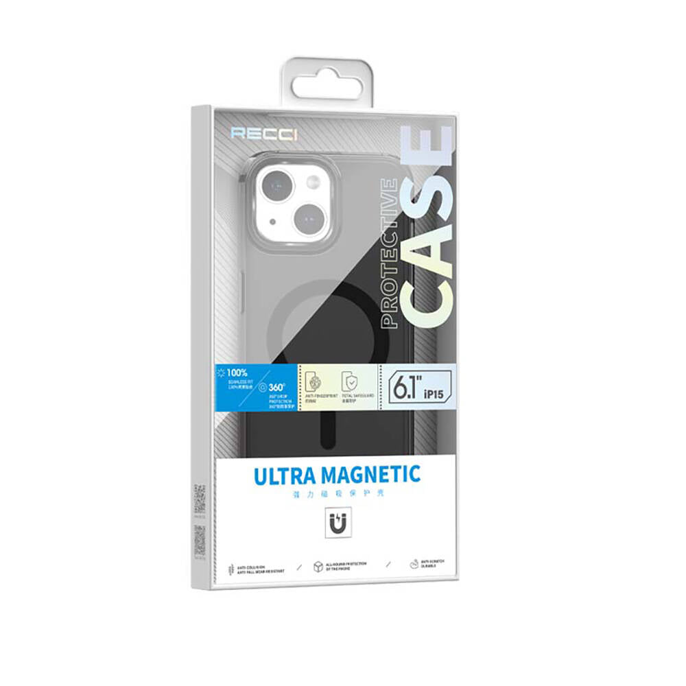 iPhone 15 Kılıf Magsafe Şarj Özellikli Saydam Arka Yüzey Recci Crystal Color Serisi Kılıf Mavi