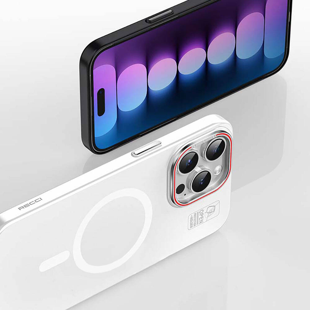 iPhone 15 Kılıf Magsafe Şarj Özellikli Standlı Metal Kamera Çerçeveli Mat Recci Glaze Serisi Kılıf Beyaz