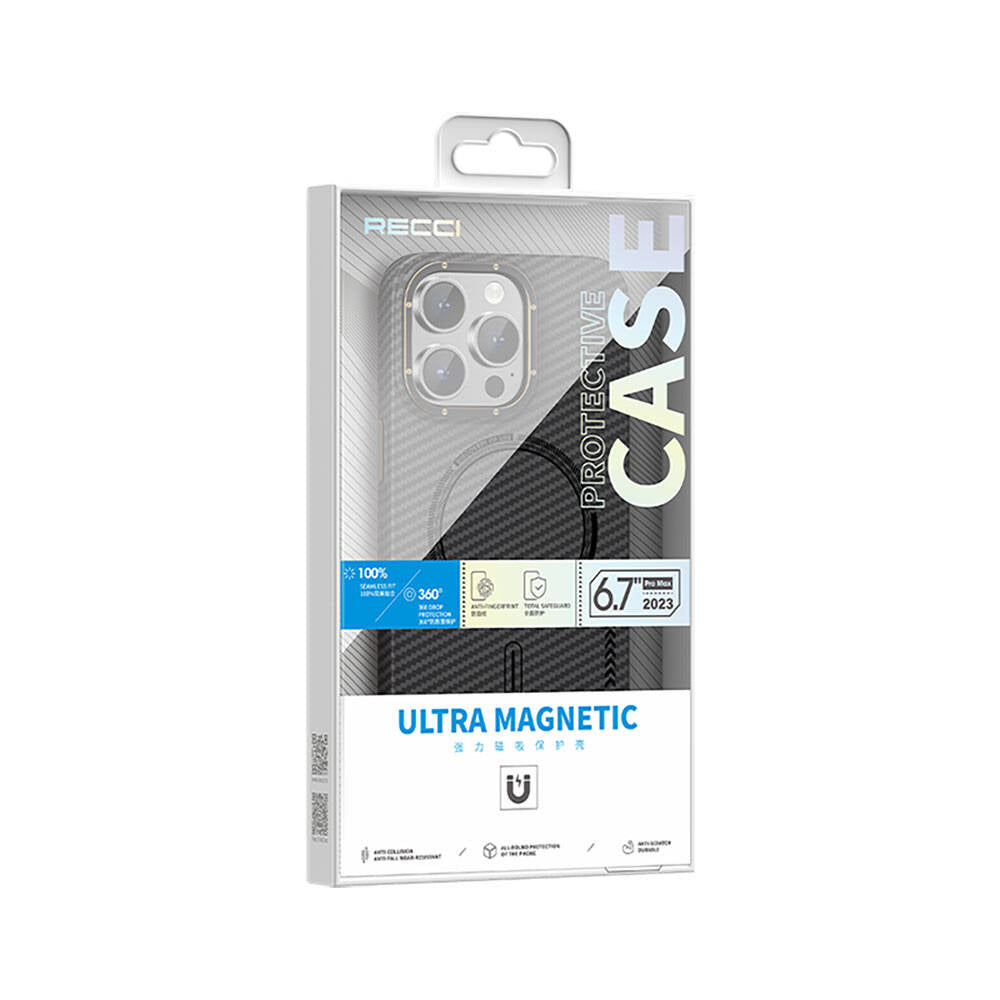 iPhone 15 Kılıf Recci Machinist Serisi Magsafe Şarj Özellikli Magnetik Karbon Kılıf Siyah