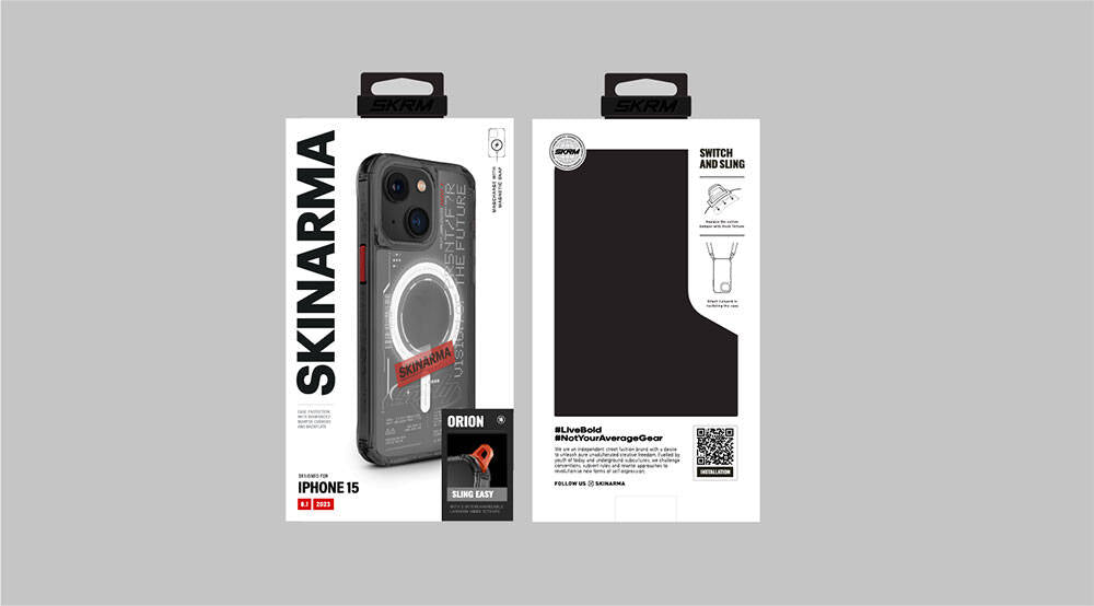 iPhone 15 Kılıf SkinArma Magsafe Şarj Özellikli Yazı Desenli Airbag Tasarımlı Orion Kılıf Siyah
