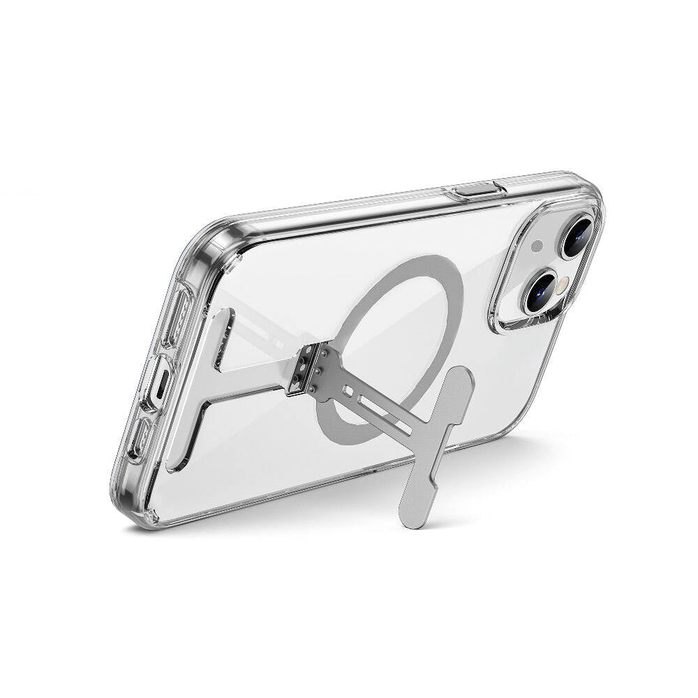 iPhone 15 Kılıf Wiwu FYY-014 Magsafe Şarj Özellikli Alüminyum Alaşım Metal Standlı Şeffaf Kılıf Renksiz