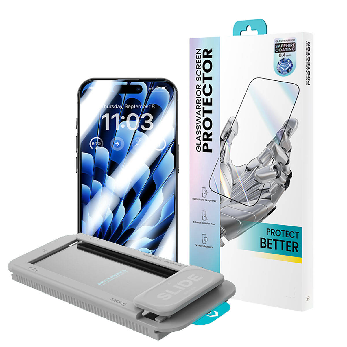 iPhone 15 Plus Benks Glass Warrior Safir Coating Ekran Koruyucu + Kolay Uygulama Aparatlı Siyah