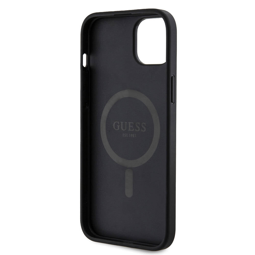 Apple iPhone 15 Plus Guess Orjinal Lisanslı Magsafe Şarj Özellikli PU Halkalı 4G Desenli Yazı Logolu Kapak Siyah