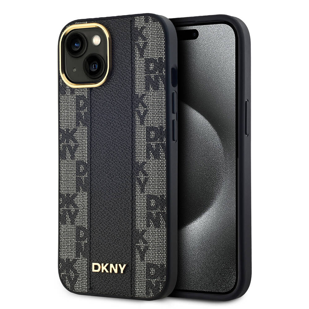 iPhone 15 Plus Kılıf DKNY Orjinal Lisanslı Magsafe Şarj Özellikli 3D Yazılı Checkered Pattern Kılıf Siyah