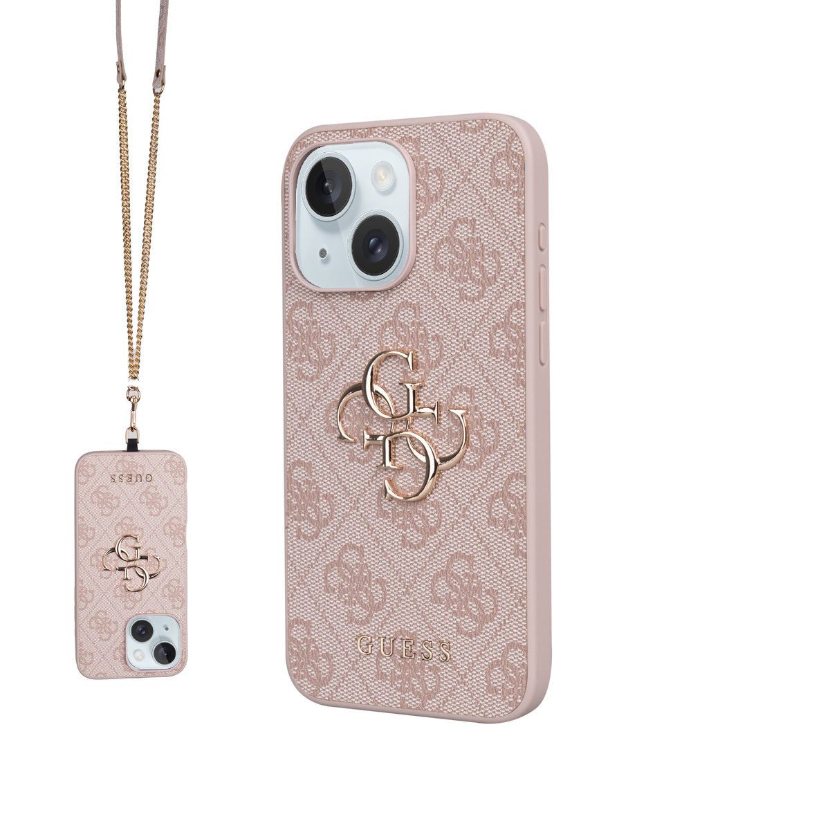 Apple iPhone 15 Plus Kılıf Guess Orjinal Lisanslı PU Deri 4G Büyük Metal Logolu Çapraz Vücut Askılı Kapak Pembe