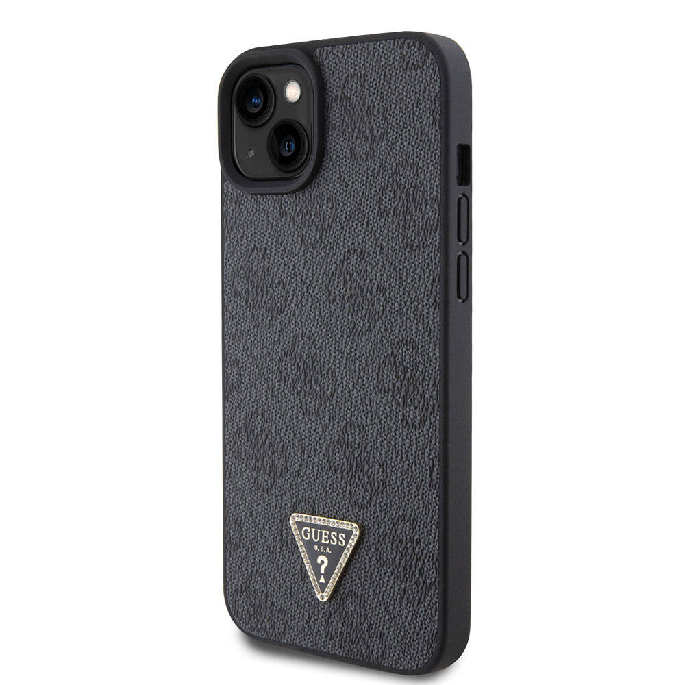 Apple iPhone 15 Plus Kılıf Guess Orjinal Lisanslı PU Deri Askılı Taşlı Üçgen Logo 4G Desenli Strass Crossbody Kapak Siyah
