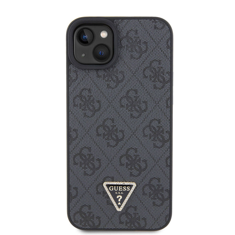 Apple iPhone 15 Plus Kılıf Guess Orjinal Lisanslı PU Deri Askılı Taşlı Üçgen Logo 4G Desenli Strass Crossbody Kapak Siyah