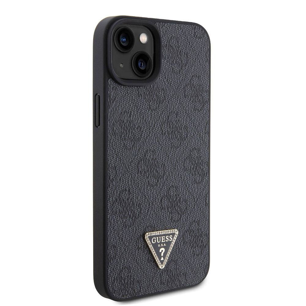 Apple iPhone 15 Plus Kılıf Guess Orjinal Lisanslı PU Deri Askılı Taşlı Üçgen Logo 4G Desenli Strass Crossbody Kapak Siyah