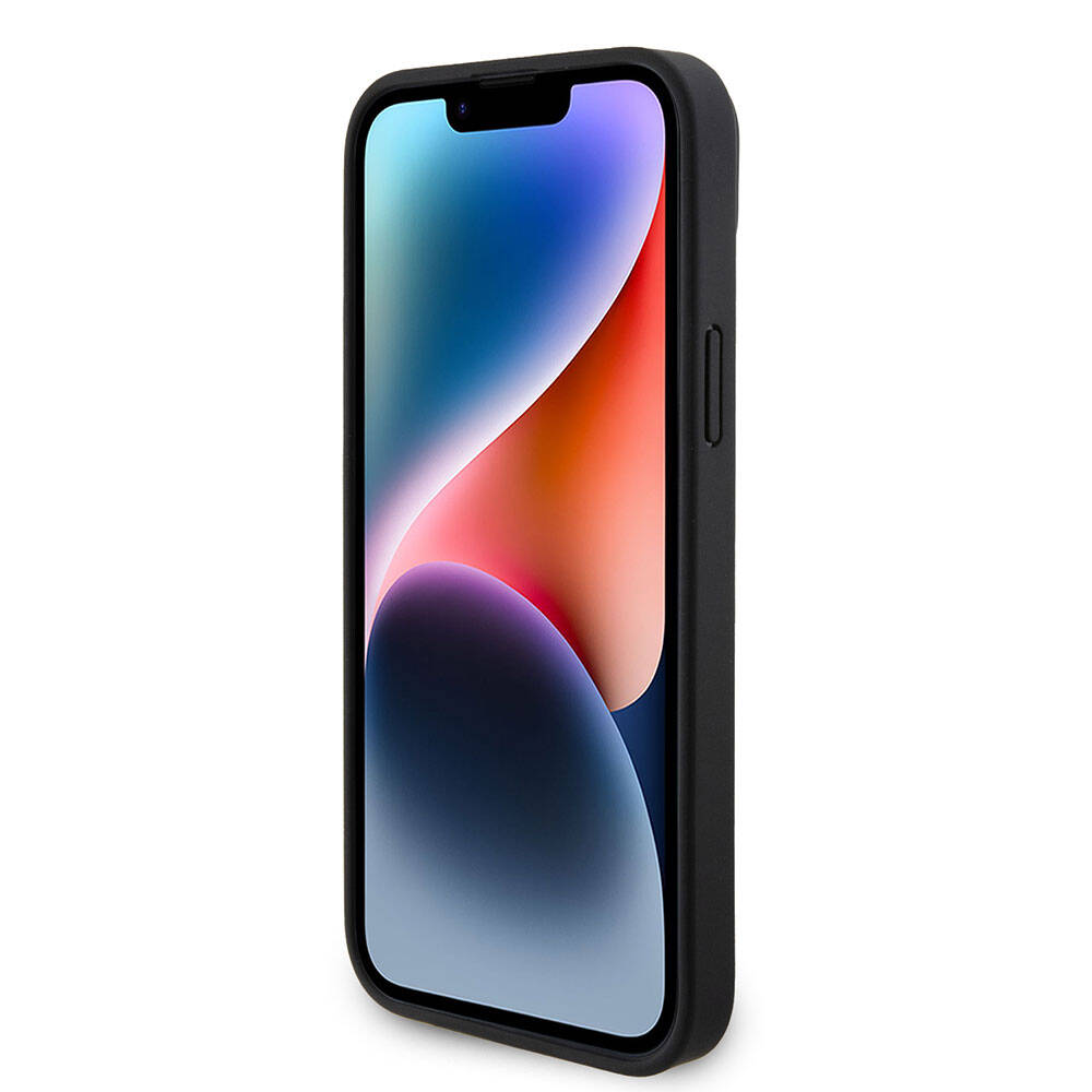 Apple iPhone 15 Plus Kılıf Guess Orjinal Lisanslı PU Deri Askılı Taşlı Üçgen Logo 4G Desenli Strass Crossbody Kapak Siyah