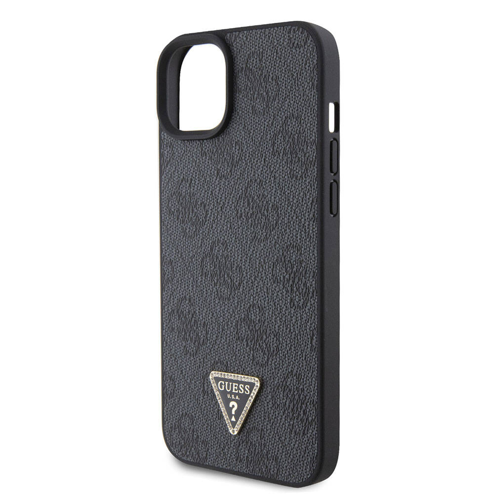 Apple iPhone 15 Plus Kılıf Guess Orjinal Lisanslı PU Deri Askılı Taşlı Üçgen Logo 4G Desenli Strass Crossbody Kapak Siyah